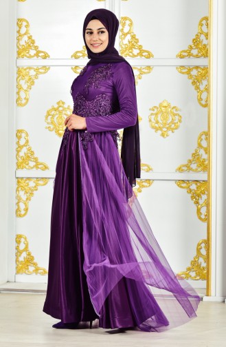 Robe de Soirée Bordée de Perles 3146-02 Pourpre 3146-02