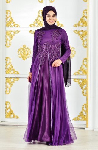 Robe de Soirée Bordée de Perles 3146-02 Pourpre 3146-02