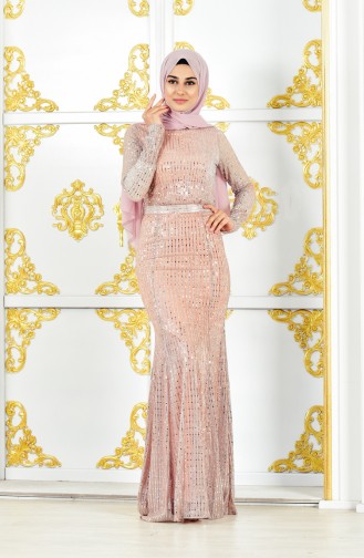 Powder Hijab Evening Dress 3277-02