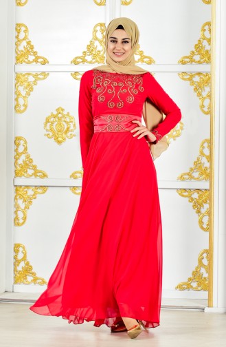 فستان سهرة يتميز تفاصيل من الؤلؤ 1002-02 لون احمر واصفر 1002-02