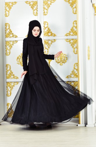 Black Hijab Evening Dress 11190-01