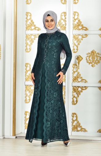 فستان سهرة بتصميم من الدانتيل 1165-02لون اخضر زُمردي 1165-02