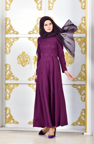 Flower Appliqued Stone Printed Evening Dress 1002-03 Light Purple 1002-03