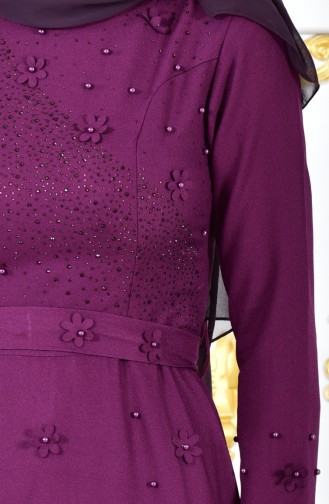 Flower Appliqued Stone Printed Evening Dress 1002-03 Light Purple 1002-03