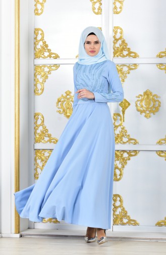 Stone Printed Belted Evening Dress 1020-05 Baby Blue 1020-05