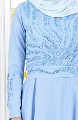 Robe de Soirée Imprimée de Pierre Avec Ceinture 1020-05 Bleu Bébé 1020-05