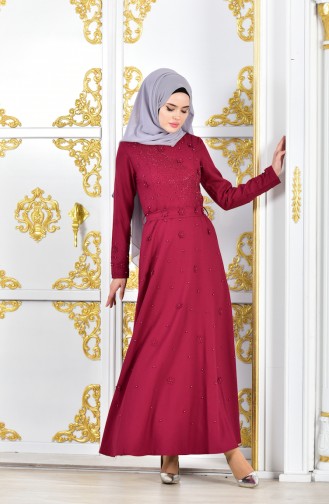 فستان سهرة بتصميم مُطبع باحجار لامعة بمقاسات كبيرة 1002-01 لون خمري 1002-01