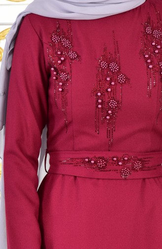 فستان سهرة بتصميم حزام للخصر مُزين بالؤلؤ 1018-06 لون خمري 1018-06