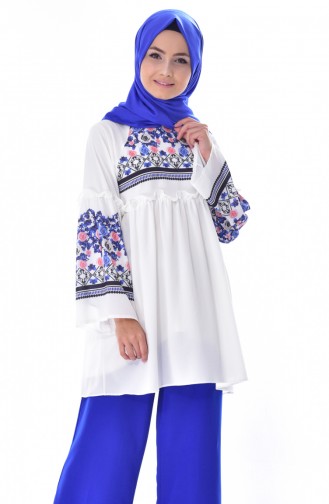 Baskılı Büzgülü Tunik 20738-03 Ekru Saks 20738-03