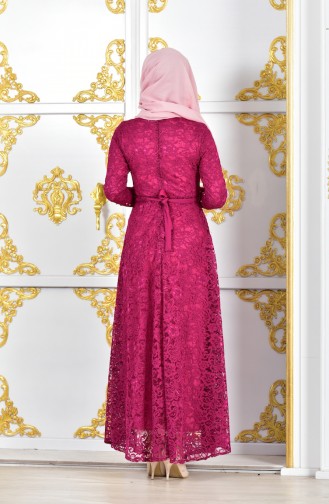 فستان سهرة بتصميم من الدانتيل مُزين بالؤلؤ 1009-05 لون فوشي 1009-05