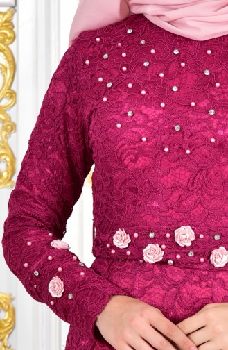 Lace Coated Pearl Evening Dress 1009-05 Fuchsia 1009-05