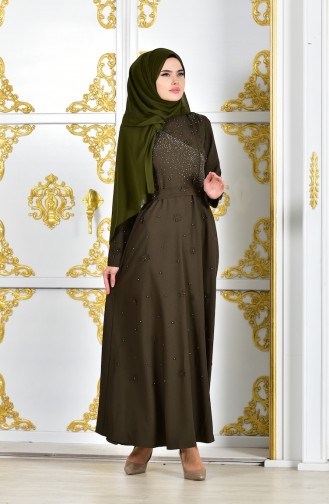 فستان سهرة بتصميم مُطبع باحجار لامعة وورد 1002-04 لون اخضر كاكي 1002-04