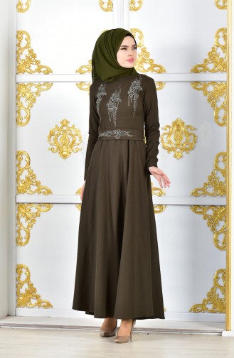 فستان سهرة بتصميم حزام للخصر مُزين بالؤلؤ 1018-05 لون اخضر كاكي 1018-05