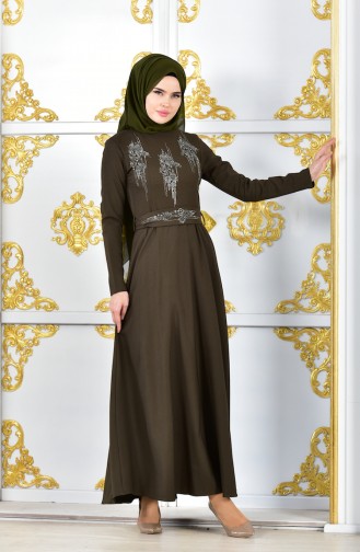 Perlen Abendkleid mit Gürtel 1018-05 Khaki 1018-05