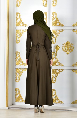 فستان سهرة بتصميم حزام للخصر مُزين باحجار لامعة 1020-06 لون اخضر كاكي 1020-06