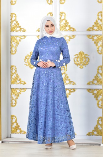 فستان سهرة بتصميم من الدانتيل مُزين بالؤلؤ 1009-01 لون نيلي 1009-01