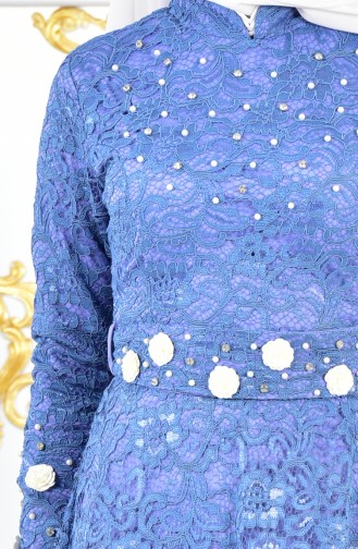 Lace Coated Pearl Evening Dress 1009-01 Indigo 1009-01