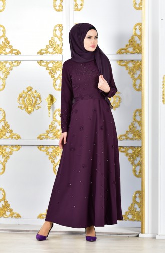 Flower Appliqued Stone Printed Evening Dress 1002-08 Purple 1002-08