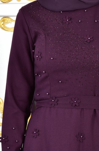 Flower Appliqued Stone Printed Evening Dress 1002-08 Purple 1002-08