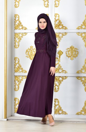 Pearls Belted Evening Dress 1018-08 Purple 1018-08