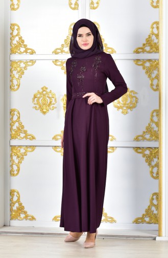 Pearls Belted Evening Dress 1018-08 Purple 1018-08
