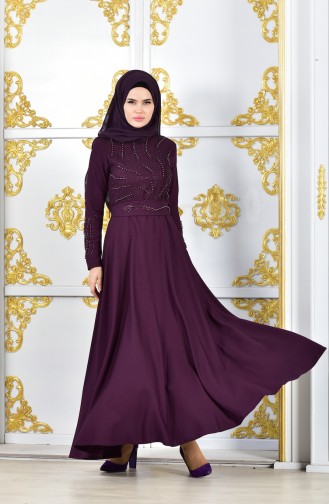 Stone Printed Belted Evening Dress 1020-03 Purple 1020-03