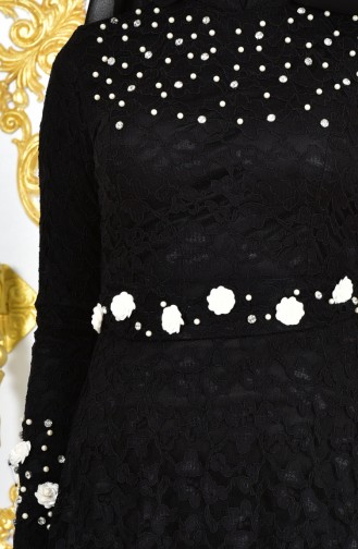 Robe de Soirée Perlées a Dentelle 1009-04 Noir 1009-04