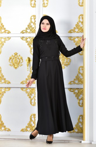 Robe de Soirée Perlées a Ceinture 1018-01 Noir 1018-01