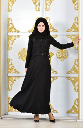 Perlen Abendkleid mit Gürtel 1018-01 Schwarz 1018-01