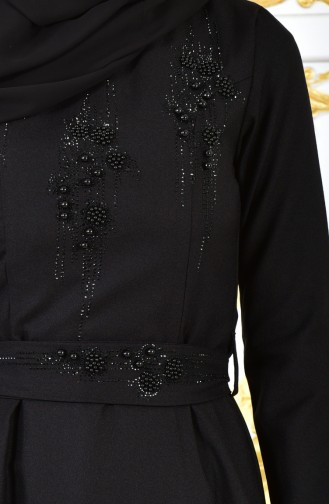 Robe de Soirée Perlées a Ceinture 1018-01 Noir 1018-01