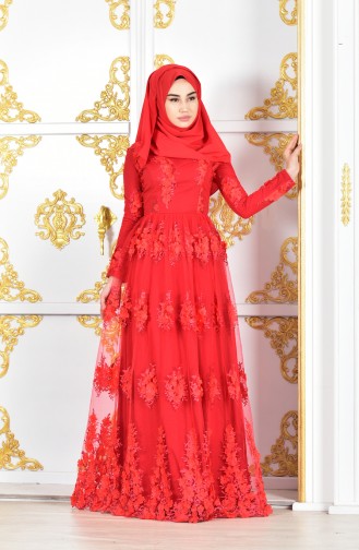 Red Hijab Evening Dress 0384-02