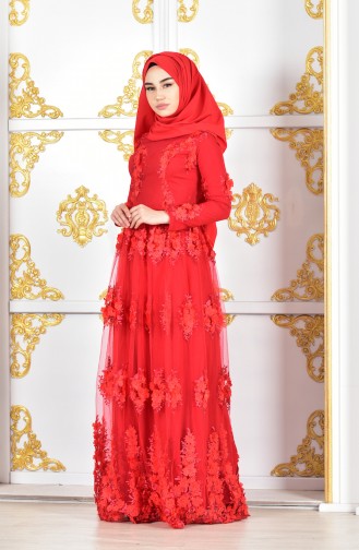 Red Hijab Evening Dress 0384-02