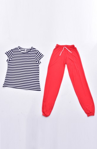Çizgili Pijama Takım 4125-01 Lacivert Kırmızı