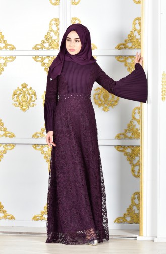 Dantelli Kuşaklı Abiye Elbise 6138-05 Mor