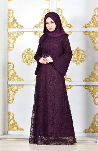 Dantelli Kuşaklı Abiye Elbise 6138-05 Mor