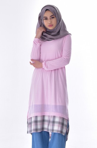 Doğal Kumaş Garnili Tunik 6401-03 Pembe