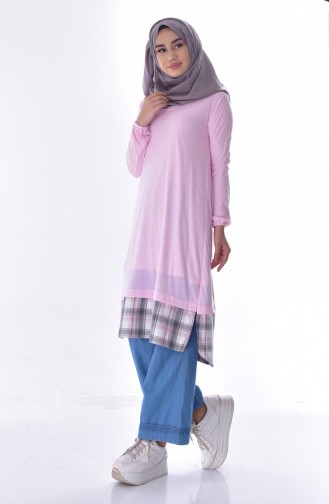 Doğal Kumaş Garnili Tunik 6401-03 Pembe