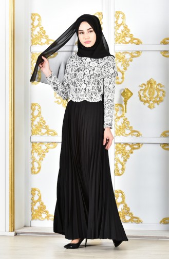 Lace Pleated Evening Dress 1005-02 Black Light Beige 1005-02