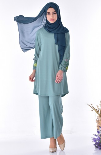Embroidered Tunic Trousers Double Suit 1252-03 Almond Green 1252-03