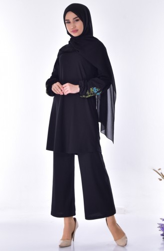 Embroidered Tunic Trousers 2 Pcs Suit 1252-02 Black 1252-02