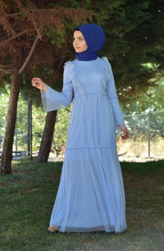 فستان تول بتصميم من الكشكش 1057-03 لون أزرق فاتح 1057-03