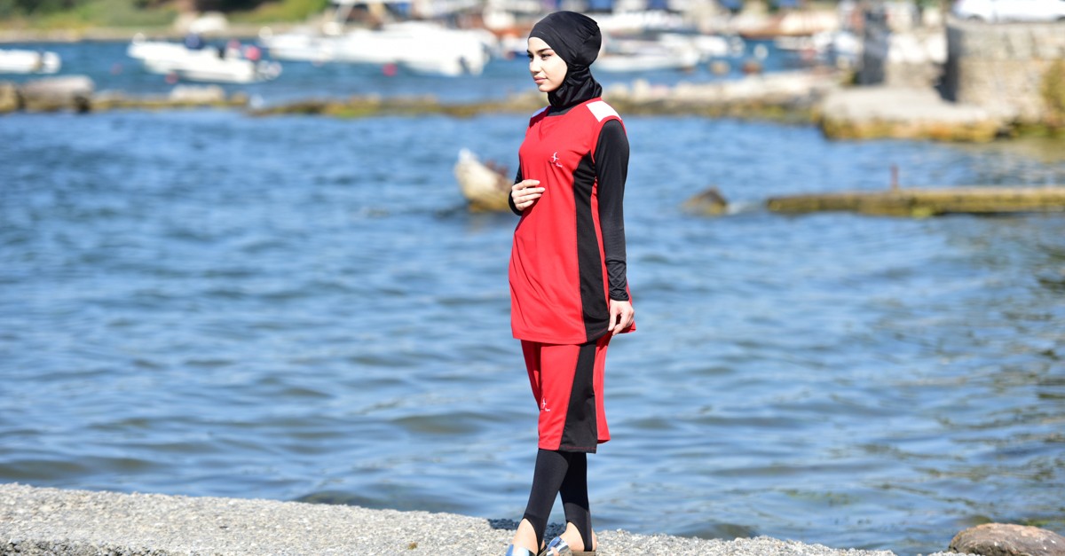 Maillot de Bain Islamique 0104-01 Rouge Noir 0104-01 | Sefamerve