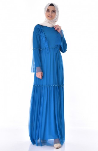 فستان تول بتصميم من الكشكش1057-07 لون بترولي 1057-07