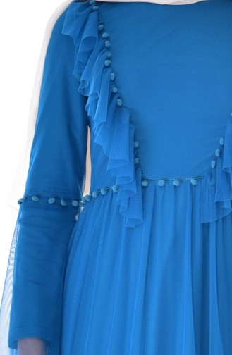 فستان تول بتصميم من الكشكش1057-07 لون بترولي 1057-07