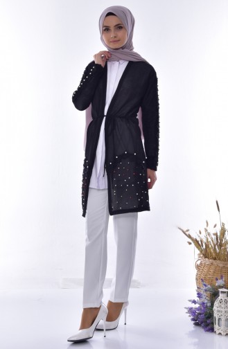 Gilet Perlés a Dentelle et Ceinture 0702-01 Noir 0702-01