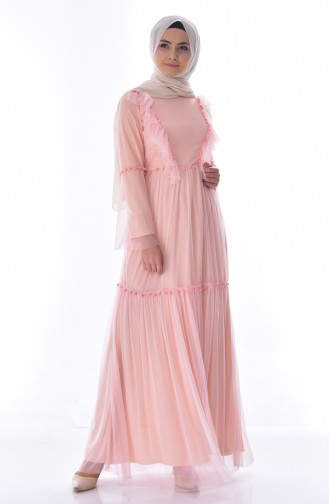 فستان تول بتصميم من الكشكش 1057-06 لون مشمشي 1057-06
