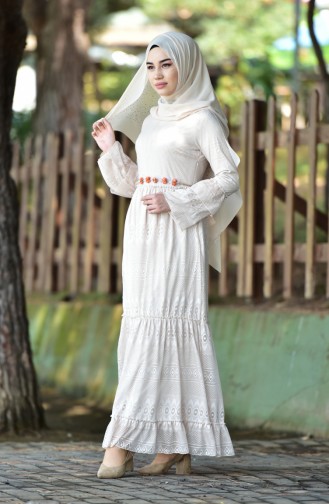 Cream Hijab Dress 0913-01