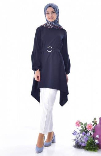 Belted Asymmetric Tunic 1769-01 Navy Blue 1769-01