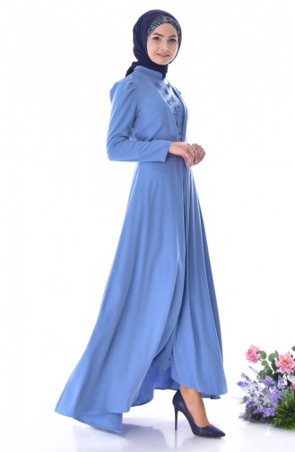 İncili Kuşaklı Elbise 0905-05 Mavi