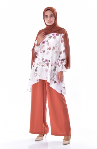 Floral Tunic Trousers Double Suit 40016-02 Light Beige Tile 40016-02